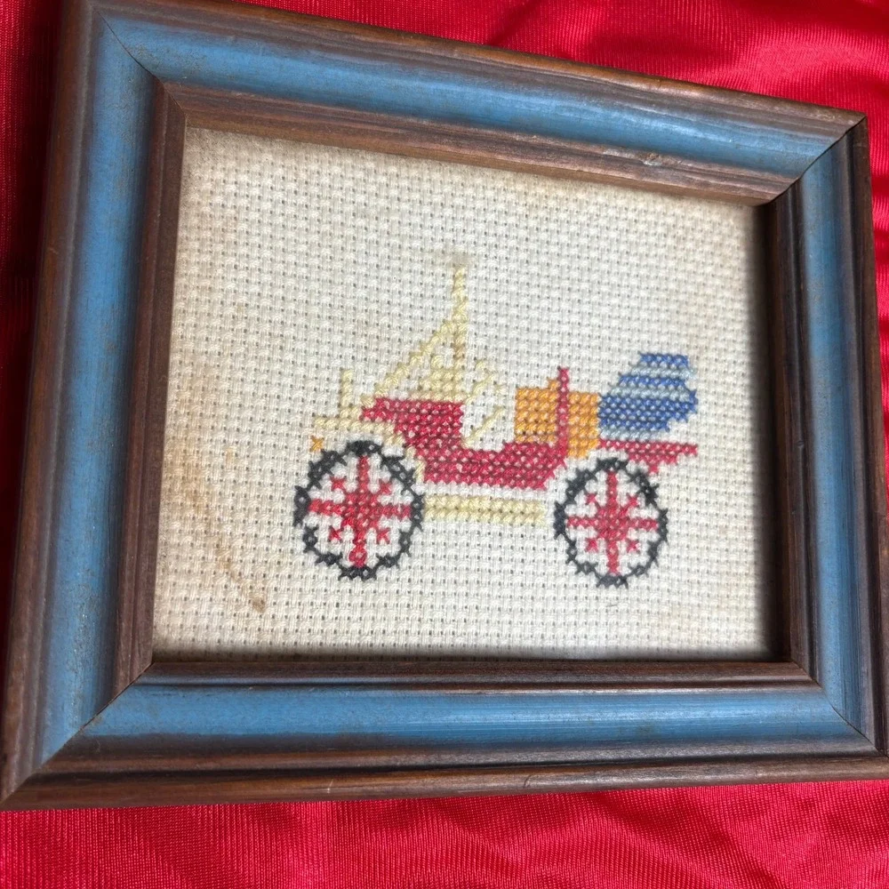 Vtg Handmade Crewel Embroidery Needlework Trio Victorian House Daisies Carriage